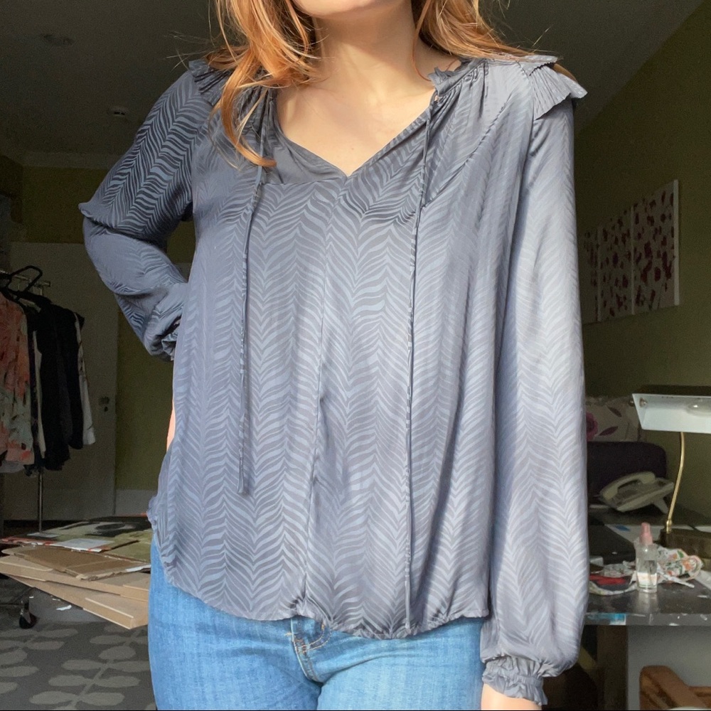 Grey Patterned Long Sleeve Blouse with Ruffle Shoulder
